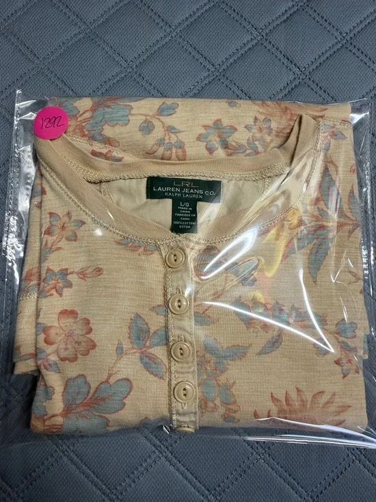 Lauren Ralph Lauren Cream Floral Henley Tee with Pink & Blue Accents - Picture 7 of 7